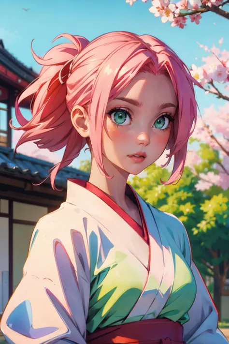 1girl,sakura haruno, Hanfu, street japan, green eyes