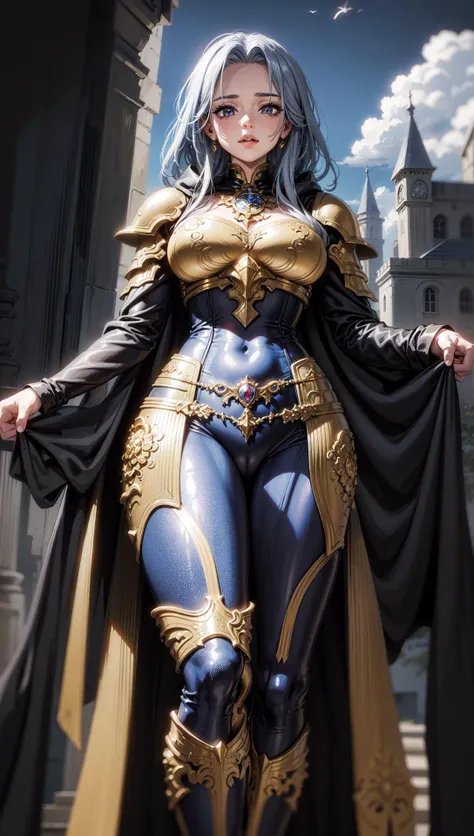 female wizard wearing black and gold armor cape, voluminous hair, magical fantasy setting,highly detailed armor, etchings and ornamentations, blue reds, shimmering gold and silver, background soaring castle spires <lora:EnvyBeautyMix30:0.6>