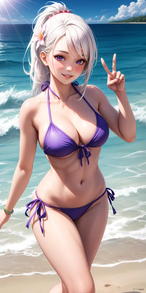 (realistic:1.2), 1girl, white hair, ponytail, purple eyes, makeup, korean girl, parted lips, blush, bikini, side-tie bikini bottom, [abs:0.3], [collarbone:0.8], medium breasts, light smile, peace sign, v, beach, sand, ocean, waves, sun, sunlight, water reflection, shiny skin, hair ornament, hair flower,