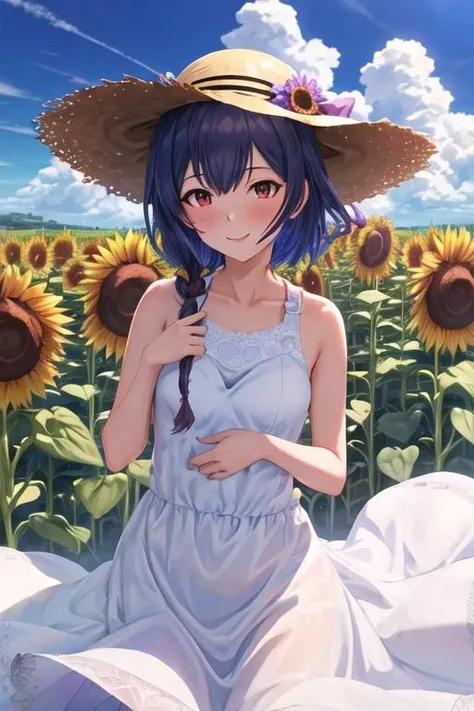 ((best quality)), ((masterpiece)), (detailed), 1girl, woman, ayanami rei, evangelion, smiling, blush, serene, garden, standing, smelling sunflowers, blue hair, short hair, red eyes, straw sunhat, holding sunhat, ((blue sundress))