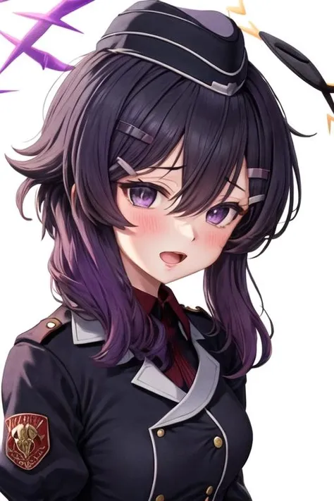 best quality, masterpiece, highres, 1girl, solo, {haruka_bluearchive:1.15}, purple_hair, bangs, hair_between_eyes, purple_eyes, hair_ornament, halo, blush, hairclip, hat, garrison_cap, juliet_sleeves, long_sleeves, looking_at_viewer, military, puffy_sleeves, simple_background, uniform, white_background, military_hat, military_uniform, jacket, upper_body, open_mouth, medium_hair