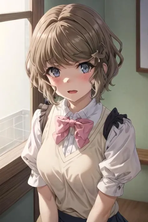 best quality, masterpiece, highres, solo, {koga_tomoe_seishunbutayarou:1.15}, brown_hair, short_hair, hair_ornament, hairclip, blue_eyes, bangs, grey_eyes, 1girl, bow, shirt, blush, white_bow, upper_body, bowtie, looking_at_viewer, puffy_sleeves, closed_mouth, pink_shirt, indoors, open_mouth, short_sleeves