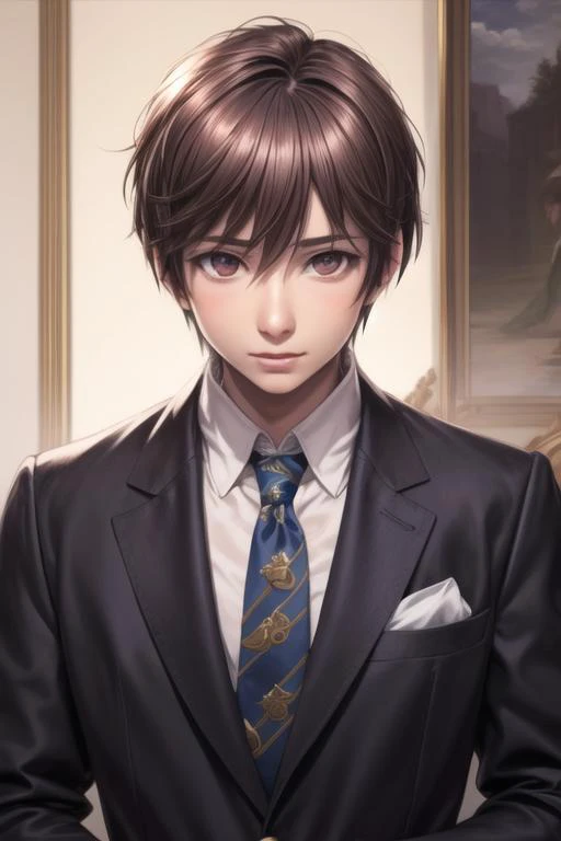 masterpiece, best quality, high quality, 1boy, solo, male focus, looking at viewer, upper body, <lora:shingo_ichinomiya:0.76>, shingo_ichinomiya, brown hair, brown eyes, realistic, formal, necktie, dress shirt
