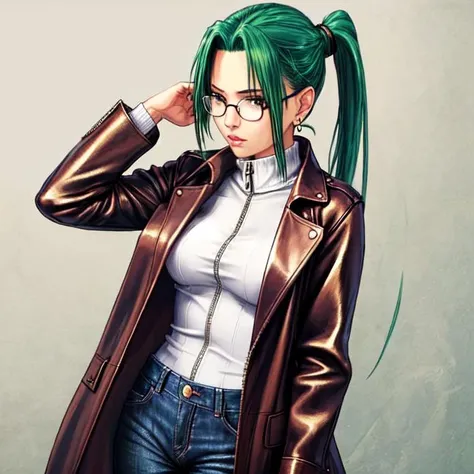 realistic, aesthetic, intricate, masterpiece, cute, 1 girl, solo, Ryouko, long hair, long sleeves, ponytail, earrings, green hair, glasses, pants, turtleneck, jeans, leather, open coat, trench coat, sweater, black eyes, parted bangs, zipper, sidelocks <lora:Saya1e4:0.5>