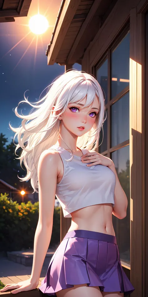 realistic, 1girl, white hair, purple eyes, glowing eyes, crop top, skirt, parted lips, blush, night, flowers, sun, sunlight,
