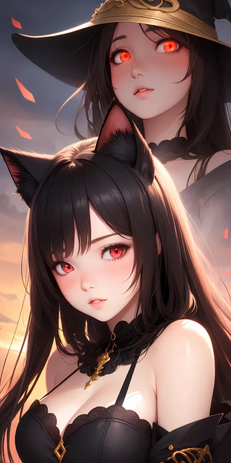 realistic, 1girl, black hair, red eyes, glowing eyes, witch, parted lips, blush, night, cat ears,