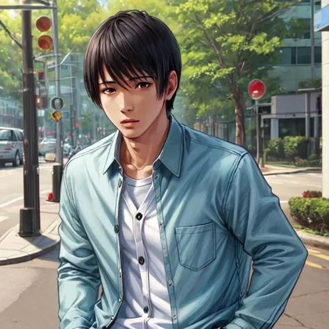 realistic, aesthetic, intricate, masterpiece, cute, Fuminori, solo, bangs, shirt, black hair, long sleeves, 1boy, jacket, white shirt, black eyes, pocket, open jacket, buttons, unbuttoned, short hair, breast pocket, green jacket, undershirt, collared shirt <lora:Saya1e4:0.5>