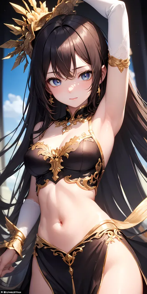 (masterpiece:1.2, best quality), (finely detailed beautiful eyes: 1.2), (masterpiece, sidelighting, finely detailed beautiful eyes: 1.2), masterpiece*portrait, glowing eyes, shiny hair, lustrous skin, solo, embarassed, (midriff),