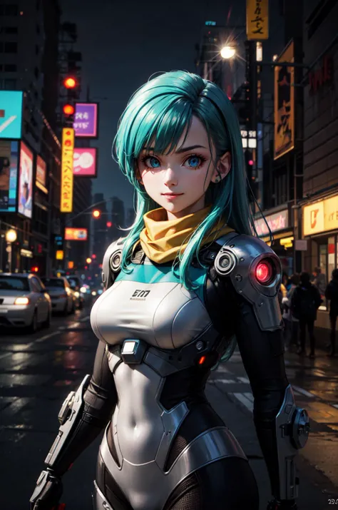 <lora:bulma_v1:0.7> bulma, aqua hair, long hair, aqua eyes,
detailed mechanical legs, detailed mechanical body, cyberpunk city, (cyborg body:1), perfect face, extreme detailed eyes, upper body, smile, yellow scarf
dystopian, glowing neon lights, sfw, city at (night:1.3), cyberpunk city street, cyberpunk, night, neon lights, award winning, concept art, key visual, vibrant, global illumination, epic composition, epic proportion, Award winning, official art, depth of field, volumetric lighting, reflection, highest detailed, finest detail, ultra detailed, intricate, epic proportion, epic composition, luminous trails,
masterpiece, best quality, DSLR, F/2. 8, Lens Flare, 5D, 16k, Super-Resolution, highly detailed, HD, HDR, HD, UHD, professional work,