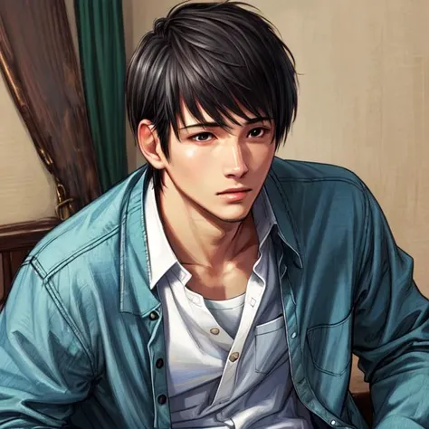 realistic, aesthetic, intricate, masterpiece, cute, Fuminori, solo, bangs, shirt, black hair, long sleeves, 1boy, jacket, white shirt, black eyes, pocket, open jacket, buttons, unbuttoned, short hair, breast pocket, green jacket, undershirt, collared shirt <lora:Saya1e4:0.5>