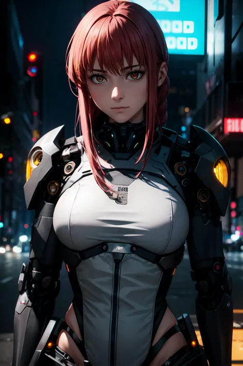 <lora:MakimaTestV1:0.6> makima \(chainsaw man\), red hair, orange eyes,
detailed mechanical legs, detailed mechanical body, cyberpunk city, (cyborg body:1.3), perfect face, extreme detailed eyes, upper body,
dystopian, glowing neon lights, sfw, city at (night:1.3), cyberpunk city street, cyberpunk, night, neon lights, award winning, concept art, key visual, vibrant, global illumination, epic composition, epic proportion, Award winning, official art, depth of field, volumetric lighting, reflection, highest detailed, finest detail, ultra detailed, intricate, epic proportion, epic composition, luminous trails,
masterpiece, best quality, DSLR, F/2. 8, Lens Flare, 5D, 16k, Super-Resolution, highly detailed, HD, HDR, HD, UHD, professional work,