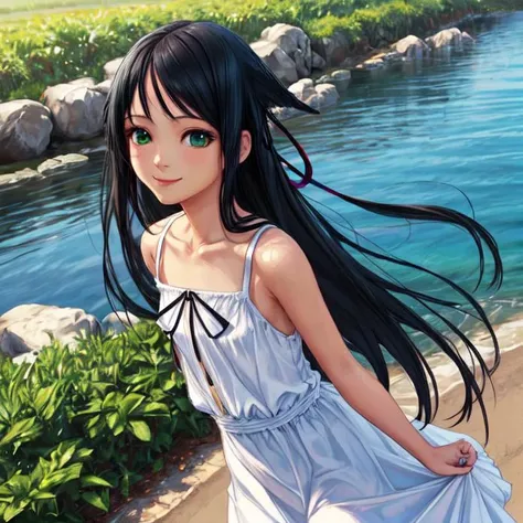 realistic, aesthetic, intricate, masterpiece, cute, solo, Saya, 1girl, long hair, ribbon, bare shoulders, very long hair, green eyes, smile, black hair, white dress, flat chest, hair flaps, sundress, small breasts, black ribbon, sleeveless dress, sunny, daytime, outdoors, rainbow in background, <lora:Saya1e4:0.5>