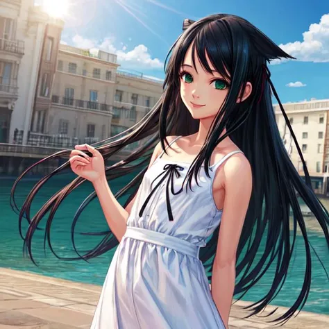 realistic, aesthetic, intricate, masterpiece, cute, solo, Saya, 1girl, long hair, ribbon, bare shoulders, very long hair, green eyes, smile, black hair, white dress, flat chest, hair flaps, sundress, small breasts, black ribbon, sleeveless dress, sunny, daytime, outdoors, rainbow in background, <lora:Saya1e4:0.5>