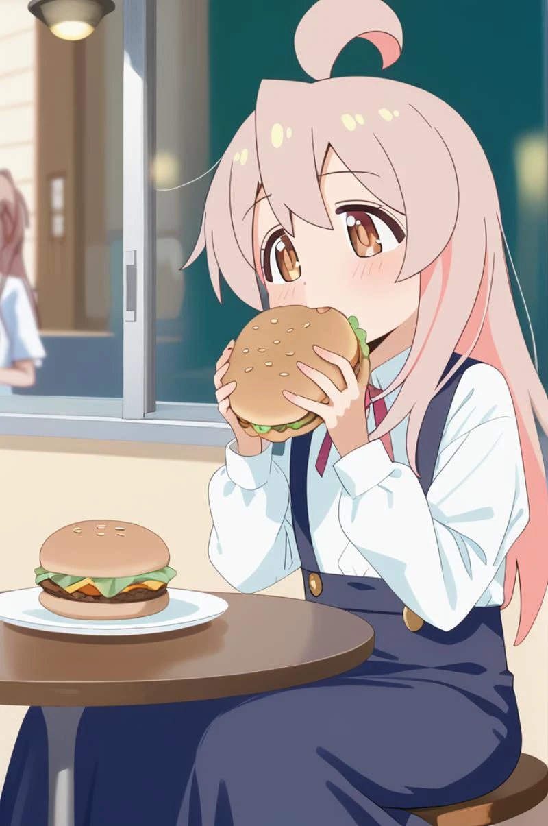 1girl, ite,slender,open mouth, mahiro-suspenders,oyama mahiro,brown eyes,long hair,ahoge,suspenders skirt,white shirt,long sleeves,neck ribbon,long skirt,cafe,table,eating hamburger, <lora:oyama-mahiro_onimai_PONY_last:0.7>