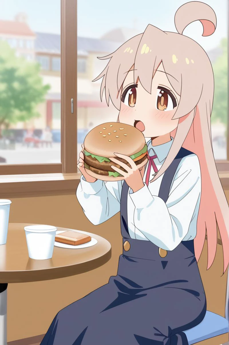 1girl, ite,slender,open mouth, mahiro-suspenders,oyama mahiro,brown eyes,long hair,ahoge,suspenders skirt,white shirt,long sleeves,neck ribbon,long skirt,cafe,table,eating hamburger, <lora:oyama-mahiro_onimai_PONY_last:0.7>