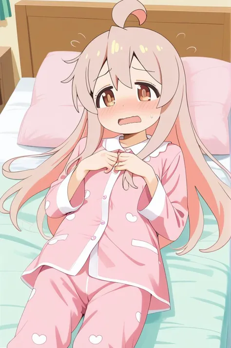 1girl, petite,slender,open mouth,wavy mouth,oyama mahiro,brown eyes,long hair,ahoge,pajamas,bed room,shy,blush, lying on bed<lora:oyama-mahiro_onimai_PONY_last:0.7>