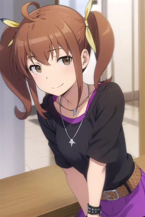 kanaokurusu, <lora:kanao kurusu s2-lora-nochekaiser:1>,
kanao kurusu, brown hair, ribbon, twintails, (brown eyes:1.5), hair ribbon, ahoge, smile, grin,
BREAK jewelry, necklace, collar, bracelet, shirt, black shirt, belt, skirt, purple skirt,
BREAK indoors,
BREAK looking at viewer, (cowboy shot:1.5),
BREAK <lyco:GoodHands-beta2:1>, (masterpiece:1.2), best quality, high resolution, unity 8k wallpaper, (illustration:0.8), (beautiful detailed eyes:1.6), extremely detailed face, perfect lighting, extremely detailed CG, (perfect hands, perfect anatomy),