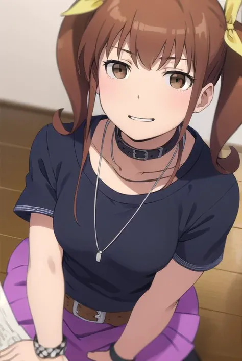 kanaokurusu, <lora:kanao kurusu s2-lora-nochekaiser:1>,
kanao kurusu, brown hair, ribbon, twintails, (brown eyes:1.5), hair ribbon, ahoge, smile, grin,
BREAK jewelry, necklace, collar, bracelet, shirt, black shirt, belt, skirt, purple skirt,
BREAK indoors,
BREAK looking at viewer, (cowboy shot:1.5),
BREAK <lyco:GoodHands-beta2:1>, (masterpiece:1.2), best quality, high resolution, unity 8k wallpaper, (illustration:0.8), (beautiful detailed eyes:1.6), extremely detailed face, perfect lighting, extremely detailed CG, (perfect hands, perfect anatomy),