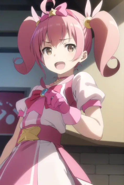 meruru, <lora:meruru s2-lora-nochekaiser:1>,
meruru, twintails, pink hair, ahoge, hair bow, (brown eyes:1.5), smile, open mouth,
BREAK skirt, gloves, bow, cosplay, magical girl, frills, puffy sleeves,
BREAK outdoors, city,
BREAK looking at viewer, (cowboy shot:1.5),
BREAK <lyco:GoodHands-beta2:1>, (masterpiece:1.2), best quality, high resolution, unity 8k wallpaper, (illustration:0.8), (beautiful detailed eyes:1.6), extremely detailed face, perfect lighting, extremely detailed CG, (perfect hands, perfect anatomy),