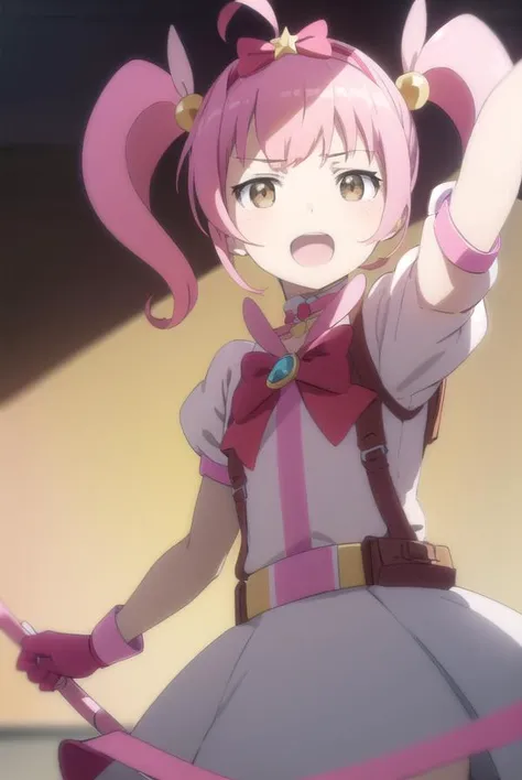 meruru, <lora:meruru s2-lora-nochekaiser:1>,
meruru, twintails, pink hair, ahoge, hair bow, (brown eyes:1.5), smile, open mouth,
BREAK skirt, gloves, bow, cosplay, magical girl, frills, puffy sleeves,
BREAK outdoors, city, 
BREAK looking at viewer, (cowboy shot:1.5),
BREAK <lyco:GoodHands-beta2:1>, (masterpiece:1.2), best quality, high resolution, unity 8k wallpaper, (illustration:0.8), (beautiful detailed eyes:1.6), extremely detailed face, perfect lighting, extremely detailed CG, (perfect hands, perfect anatomy),