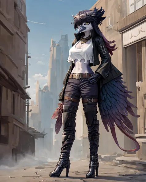 full-length character portrait of a sexy,adult,(female:1.4),(anthro:1.3),sagitta,hi res,soft shading,good anatomy,cinematic lighting,by woolrool,crayon \(artist\),buta99,detailed background,outdoors,standing,(cropped jacket),crop top,pants,belt,high heeled boots,mask around neck,knee pads,gradient hair,feather antennae,waist cape,fingerless gloves,tail feathers,