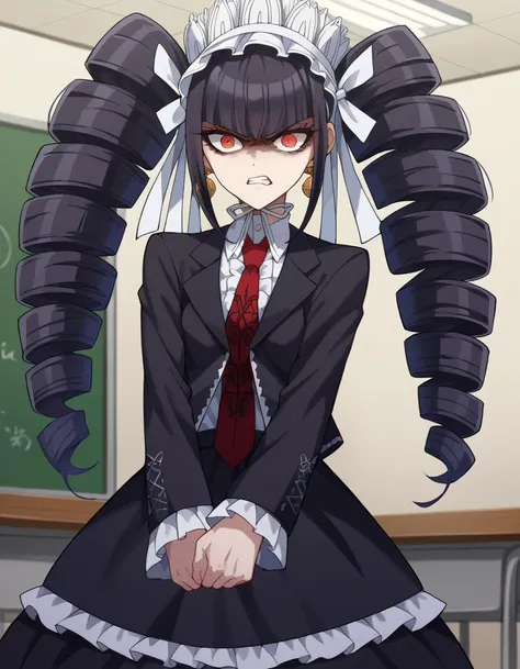 score_9, score_8_up, score_7_up, source_anime,
celestialudenberg, <lora:celestia-ludenberg-ponyxl-lora-nochekaiser:1>,
celestia ludenberg, long hair, bangs, black hair, red eyes, long sleeves, twintails, drill hair, twin drills, angry, anger vein, open mouth, shouting,
skirt, shirt, black hair, long sleeves, jewelry, jacket, earrings, frills, necktie, black skirt, black jacket, red necktie, bonnet, print necktie,
indoors, classroom,
looking at viewer, cowboy shot, dutch angle,