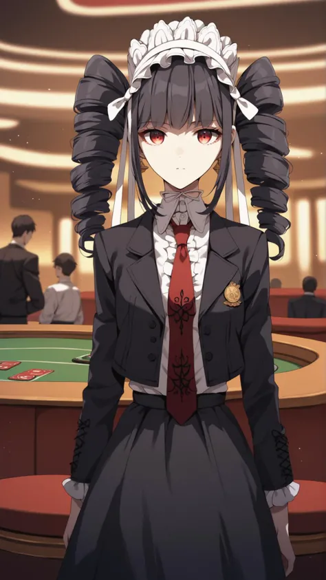 score_9,score_8_up,score_7_up,score_6_up,score_5_up,score_4_up BREAK source_anime,1girl,blush,(shiny skin:0.7),skinny,choker,bloom,pose,medium breasts,<lora:celestia-ludenberg-ponyxl-lora-nochekaiser:0.8>,celestia ludenberg,long hair,bangs,black hair,red eyes,long sleeves,twintails,drill hair,twin drills,skirt,shirt,black hair,long sleeves,jewelry,jacket,earrings,frills,necktie,black skirt,black jacket,red necktie,bonnet,print necktie,indoors,expressionless,casino,gambling,