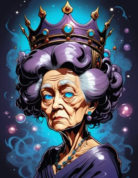 breathtaking vector cartoon illustration of Illuminescent, Linking, Violet, galactic, Yoshitaka Amano, Crushed, Film-Noir, Metaphysical, Catapulting, Helical Elderly lady with a regal demeanor, piercing blue eyes, and a crown of tight curls <lora:Vector cartoon illustration-000008:1>