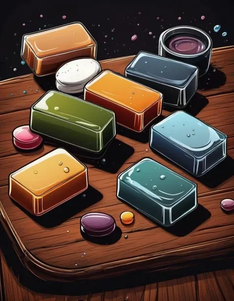 vector cartoon illustration of cinematic photograph of soaps on a table, dark wooden table <lora:Vector cartoon illustration-000008:1>