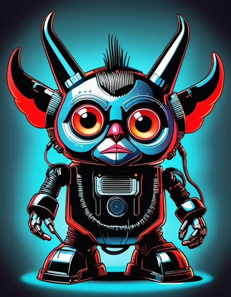 vector cartoon illustration of Chris Cunninghams dramatic eerie product photo, HR Giger and Tsutomu Niheis terrifying design for a sinister cybernetic cyberpunk Furby robot, unsettling dystopian environment, diffused glowing neon lighting, advanced technology, wires and cords <lora:Vector cartoon illustration-000008:1>
