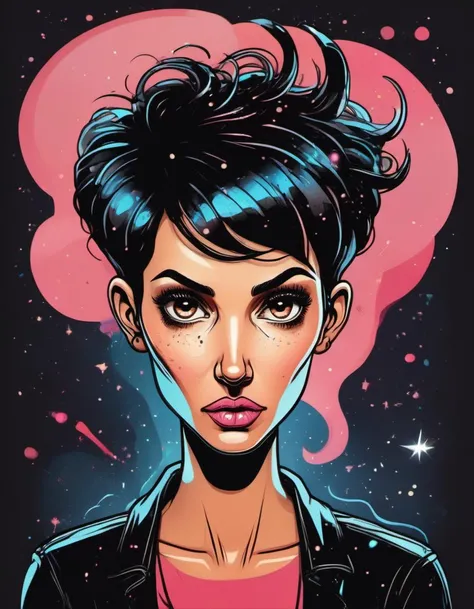 breathtaking vector cartoon illustration of Glittering, Permeating, Pink, galactic, Dappermouth, Bored, Slasher, Enigmatic, Swift, Coiled Woman in her thirties with a long face, high forehead, deep brown eyes, and a short black pixie cut <lora:Vector cartoon illustration-000008:1>