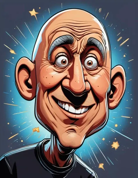 vector cartoon illustration of a Middle-aged man with a jovial expression, twinkling eyes, and a bald head with a fringe of hair and with a surprised expression on their face <lora:Vector cartoon illustration-000008:1>