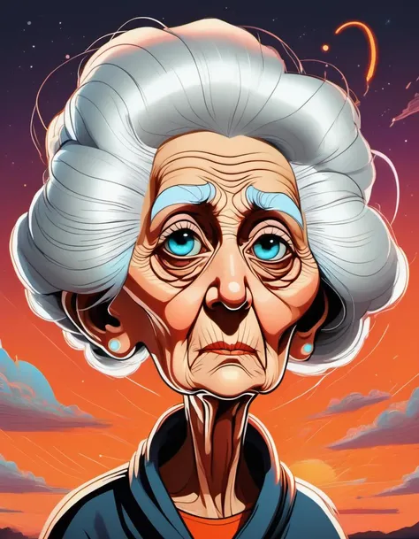 breathtaking vector cartoon illustration of Fluorescent, Intertwined, Sunset Orange, galactic, Thomas Ligotti, Energetic, Road Movie, Spectacular, Inflating, Convex Elderly woman with a wise look, drooping eyes, and tightly coiled white hair <lora:Vector cartoon illustration-000008:1>