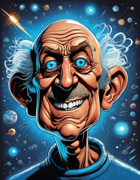 breathtaking vector cartoon illustration of Beaming, Anastomosing, Electric Blue, galactic, Ivan Albright, Sick, Space Opera, Cryptic, Rushing, Annular Middle-aged man with a jovial expression, twinkling eyes, and a bald head with a fringe of hair <lora:Vector cartoon illustration-000008:1>
