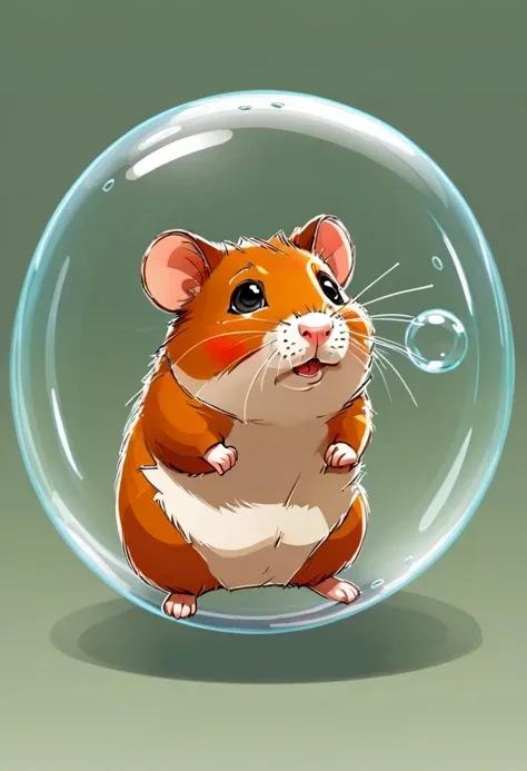 A vector cartoon illustration style hamster is inside a clear plastic ball. The hamster's curious nose and twitching whiskers are visible as it looks around curiously. The tiny explorer is standing on its hind legs, peering out of the ball with excitement. The ball has a handle for easy carrying, and there are small holes in the sides to allow air circulation. The background is a simple green grass field with some flowers and trees in the distance.