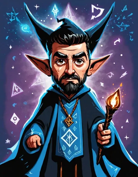 A vector cartoon illustration style, A fantasy portrait of a man with pointy ears and wizard robes. Magical symbols and runes adorn his background.