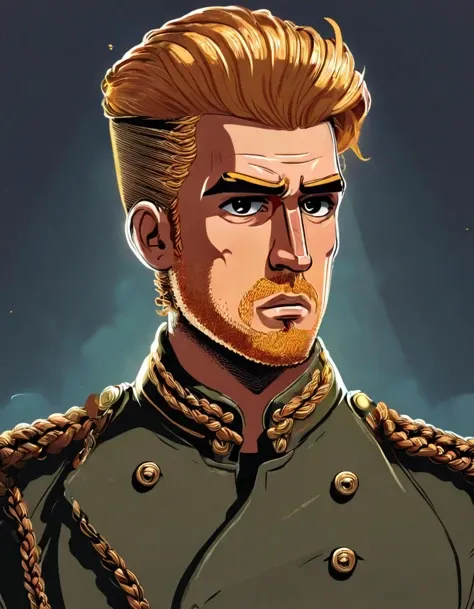 A vector cartoon illustration style, a character photo portrait of a Georgian man with amber hair Flaunting a tailored, military-inspired jacket with gold braiding and coordinating pants, unsplash, light and space, dramatic light on face, realistic face moody lighting, light falling on face