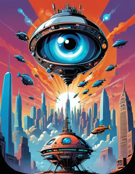 by Peter Andrew Jones, Vector Cartoon Illustration of a Silky "The Metropolis of Technology", Smoky Conditions, Indirect light, Fish-eye Lens, four colors, sci fi, <lora:Vector cartoon illustration:1>