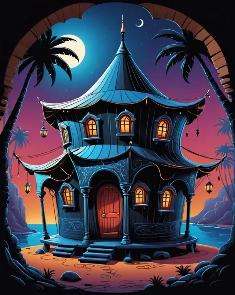Vector Cartoon Illustration of an intricate background, Turkish (Playhouse:1.2) , made from Rubber, inside of a Flirty Bay, Fantasy, back-light, Dichromatic, [ (stylized by John William Waterhouse:0.8) | Paul Gauguin], <lora:Vector cartoon illustration:1>
