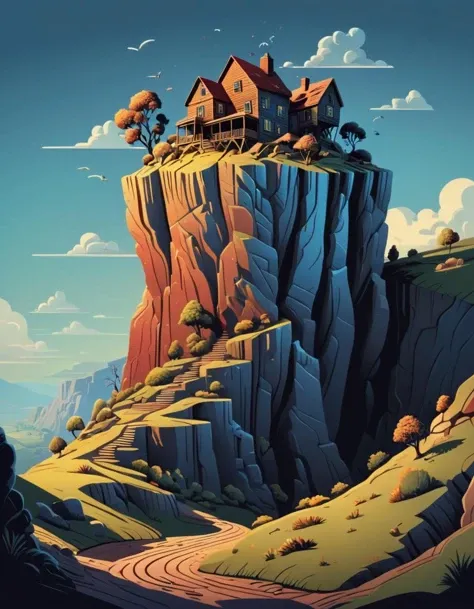 designed by Adam Martinakis, Vector Cartoon Illustration of a landscape of a (Cliff:1.3) , Cozy and Cluttered, hillside, Bathed in shadows, Methaphysical painting, soft lighting, 80mm, anaglyph effect, vintage, vignette, <lora:Vector cartoon illustration:1>