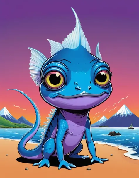 designed by Craigie Aitchison, Vector Cartoon Illustration of a small New Zealander (HymenTriton of Ice:1.3) , HymenTriton is Eclectic, Sharp Tunisian Wallet and Lavender colored Eyes, hillside, Hopeful, Neon Light, futuristic, <lora:Vector cartoon illustration:1>