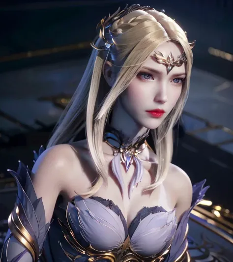1girl, solo, masterpiece, cg, 8k, raw photo, picture, simple background, (looking at camera:1.5), full body shot, posing, ultra detailed skin, (ultra detailed face:1.2), purple eyes, eyelashes, black eyeliner, dark eyeshadow, hair ornaments, forehead ornament, long hair, blond hair, detached collar, choker, bare shoulders, beautiful body, detailed costume, detached sleeves, small breasts, knee boots, thighs, angel wings, <lora:qianrenxue:1>, <lora:koreandolllikenessV20_v20:0.5>, <lora:breastinclassBetter_v141:0.3>
