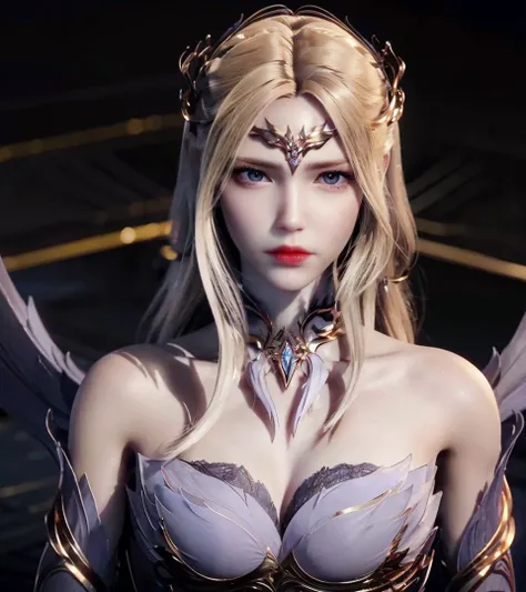 1girl, solo, masterpiece, cg, 8k, raw photo, picture, simple background, (looking at camera:1.5), full body shot, posing, ultra detailed skin, (ultra detailed face:1.2), purple eyes, eyelashes, black eyeliner, dark eyeshadow, hair ornaments, forehead ornament, long hair, blond hair, detached collar, choker, bare shoulders, beautiful body, detailed costume, detached sleeves, small breasts, knee boots, thighs, angel wings, <lora:qianrenxue:1>, <lora:koreandolllikenessV20_v20:0.5>, <lora:breastinclassBetter_v141:0.3>