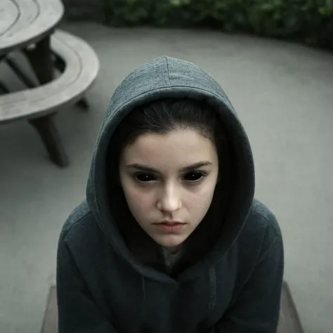 cinematic film still of Horror-themed, <lora:black sclera v2:1>
high angle from above a young girl with a hood on sitting in a patio,1girl,solo,looking at viewer,black hair,closed mouth,hood,black eyes,lips,realistic,bench , black sclera, black eyes, dark eyes, hollow eyes, empty eyes, shallow depth of field, vignette, highly detailed, high budget, bokeh, cinemascope, moody, epic, gorgeous, film grain, grainy