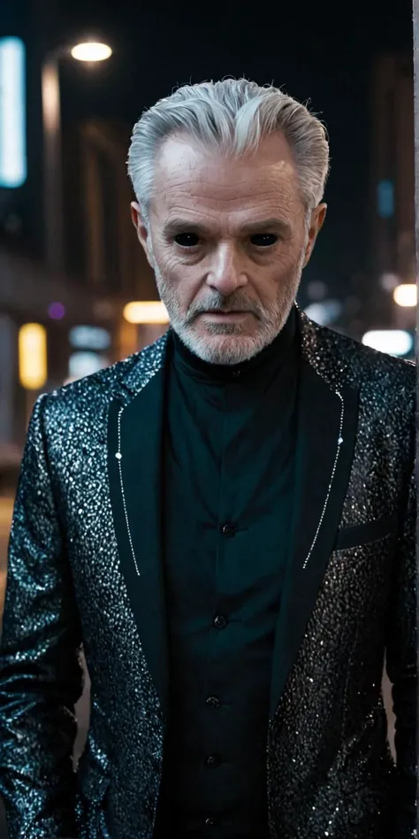 (sharp focus cinematic dramatic 8k photo high quality:1.1),
an old man with <lora:black sclera v2:1> black sclera eyes wearing a futuristic suit jacket in a science fiction city at night