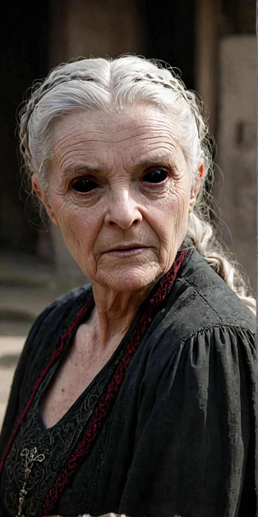 (sharp focus cinematic dramatic 8k photo high quality:1.1),
an old woman with <lora:black sclera v2:1> black sclera eyes wearing a medieval dress in a village