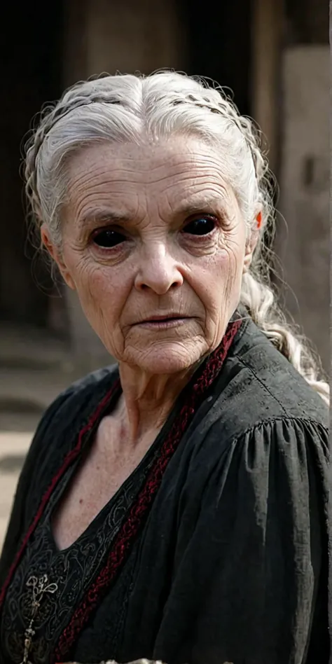 (sharp focus cinematic dramatic 8k photo high quality:1.1),
an old woman with <lora:black sclera v2:1> black sclera eyes wearing a medieval dress in a village