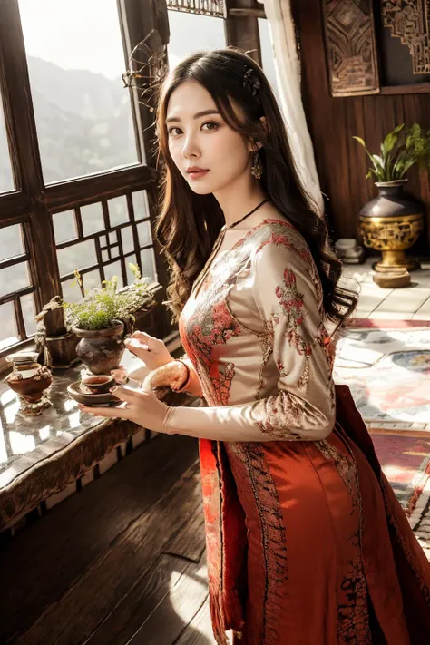 Tibetan-style interior design,1girl,,standing,blonde hair,center parted long hair,realistic,masterpiece,high detailed skin,wearing random dress,looking at viewer,outdoor view,solo,
<lora:Velvet_cheongsam_By_Stable_Yogi:0.8>,sapphire velvet cheongsamscenery,lattice,architecture,east asian architecture,table,window,indoors,tree,vase,plant,teapot,rug,potted plant,scroll,cushion,carpet,wooden floor,<lora:Tibetanstyle:0.7>,