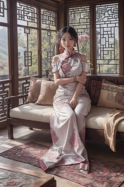 The Arakfi woman sits on a wooden porch，Slender legs，the soft light：1.3，Delicate headgear，pretty feet，wearing  cheongsam, gorgeous chinese models, full bodyesbian，cute elegant pose, a stunning young ethereal figure, photo of slim girl model, xintong chen, photo of slim girl