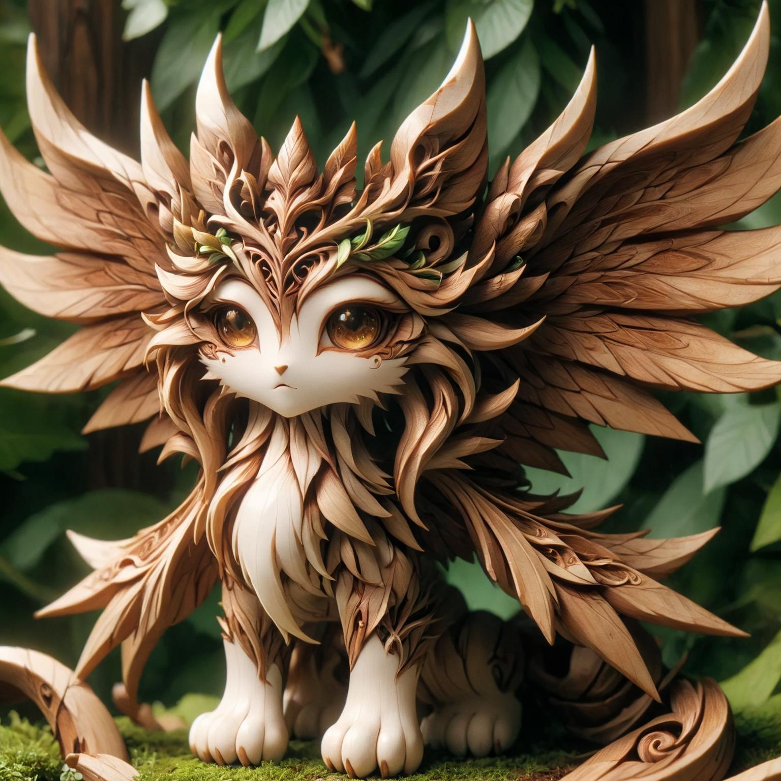 There is a small statue of a cat with wings on a mossy surface - SeaArt AI